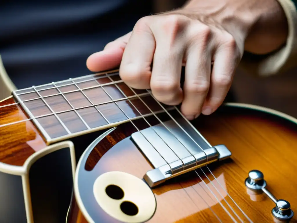 El músico desliza un bottleneck por el mástil de una guitarra resonadora vintage, destacando la técnica de guitarra blues bottleneck