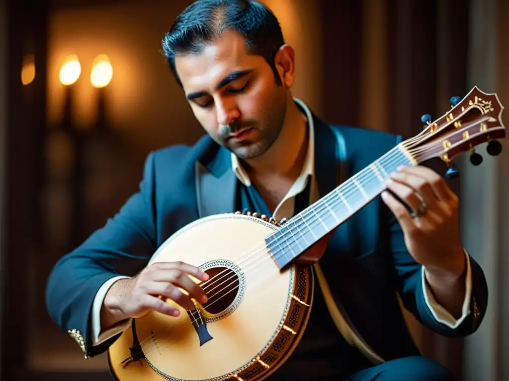 Un músico toca con pasión un bouzouki eléctrico en un ambiente evocador