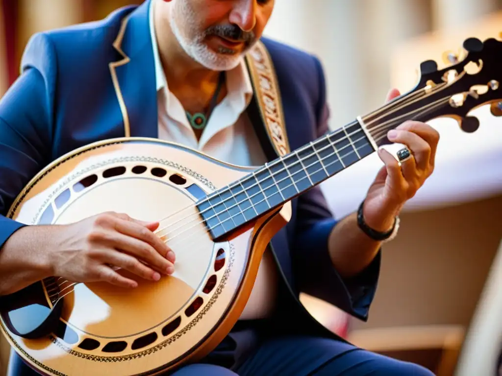 Un músico toca un bouzouki eléctrico moderno en una celebración griega, con intrincados detalles y una expresión apasionada