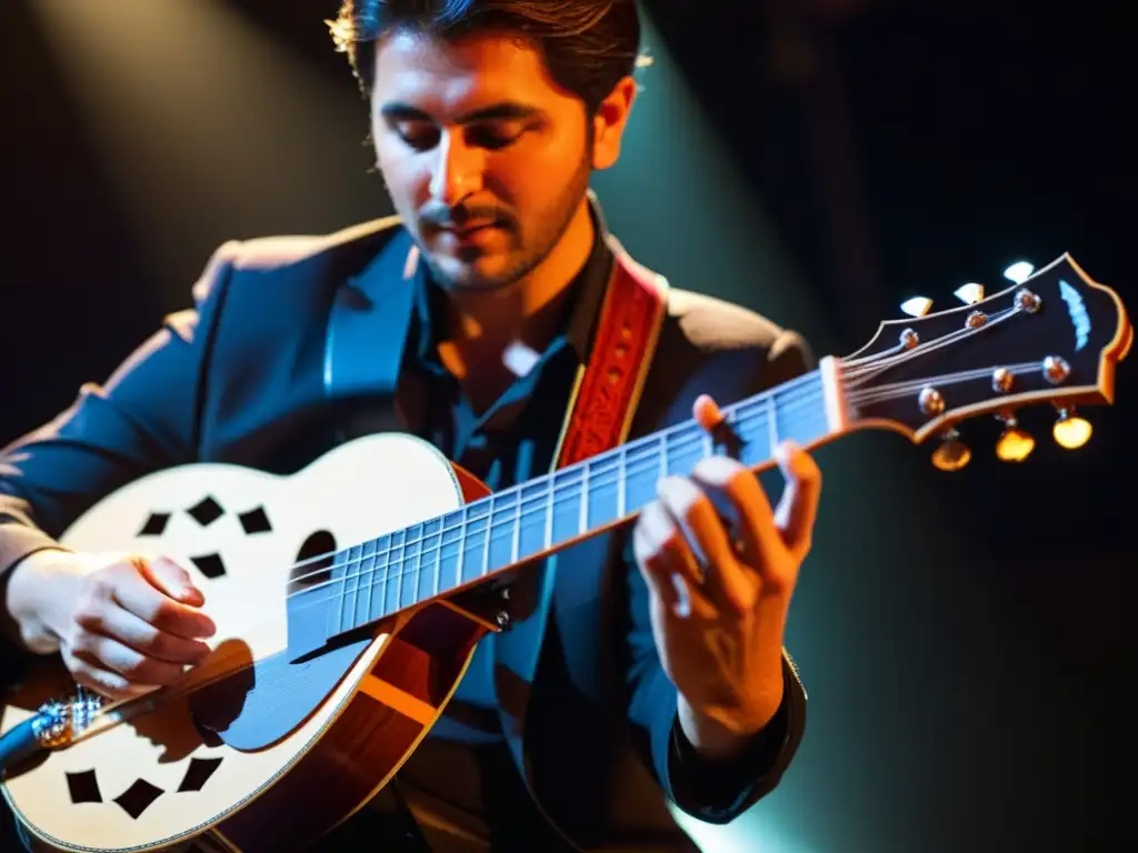 Un músico toca con pasión un bouzouki eléctrico moderno en un escenario, con luces dramáticas y público borroso al fondo