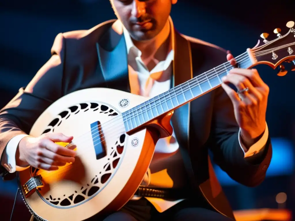 Un músico toca con pasión un bouzouki eléctrico moderno en el escenario, mostrando su impacto en la música contemporánea