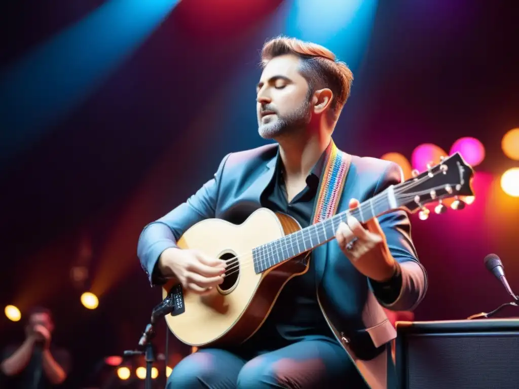 Un músico toca un bouzouki eléctrico moderno en un escenario, rodeado de luces coloridas y un público cautivado