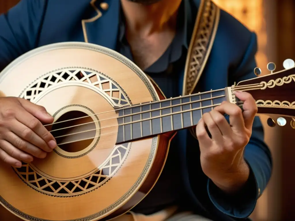 Un músico toca un bouzouki griego, resaltando su artesanía y sonido