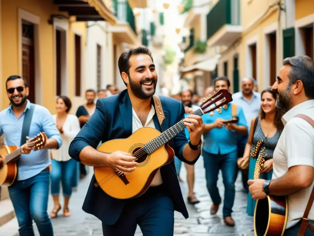 Un músico hábil toca un bouzouki griego en una bulliciosa calle de Atenas, capturando la vibrante atmósfera de la cultura musical griega