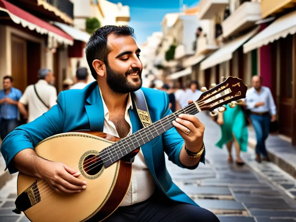 Un músico hábil toca el bouzouki griego en una bulliciosa calle de Atenas, rodeado de espectadores entusiastas