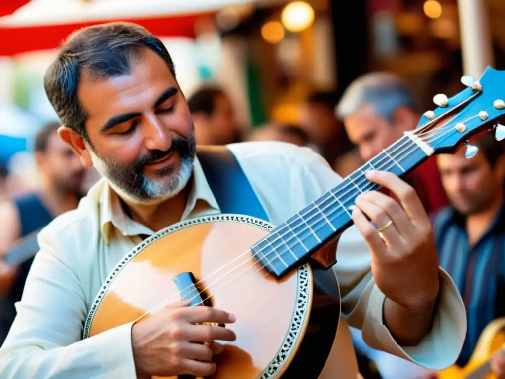 Un músico tocando un bouzouki griego en un bullicioso mercado ateniense, mostrando la historia y relevancia cultural del bouzouki griego