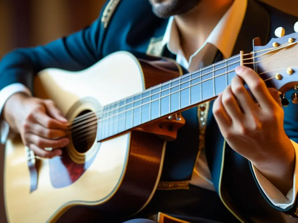 Un músico hábil toca un bouzouki griego, mostrando detalles de las cuerdas y la intensidad de la actuación