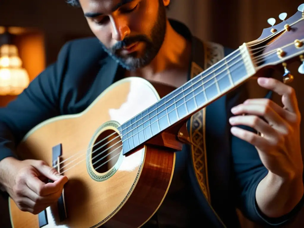 Un músico toca con maestría un bouzouki griego en un entorno atmosférico y cálido, destacando la relevancia cultural del bouzouki griego