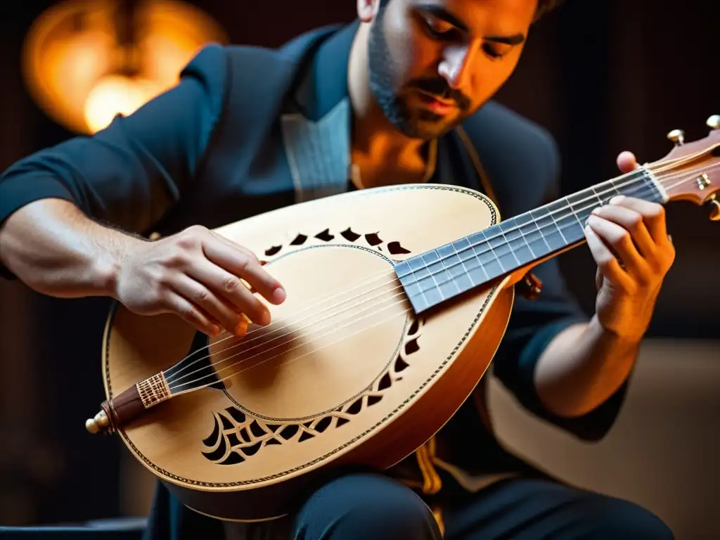 Un músico toca apasionadamente un bouzouki griego en un escenario tenue