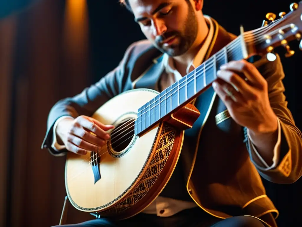 Un músico toca un bouzouki griego en un escenario iluminado, creando una atmósfera íntima y emotiva