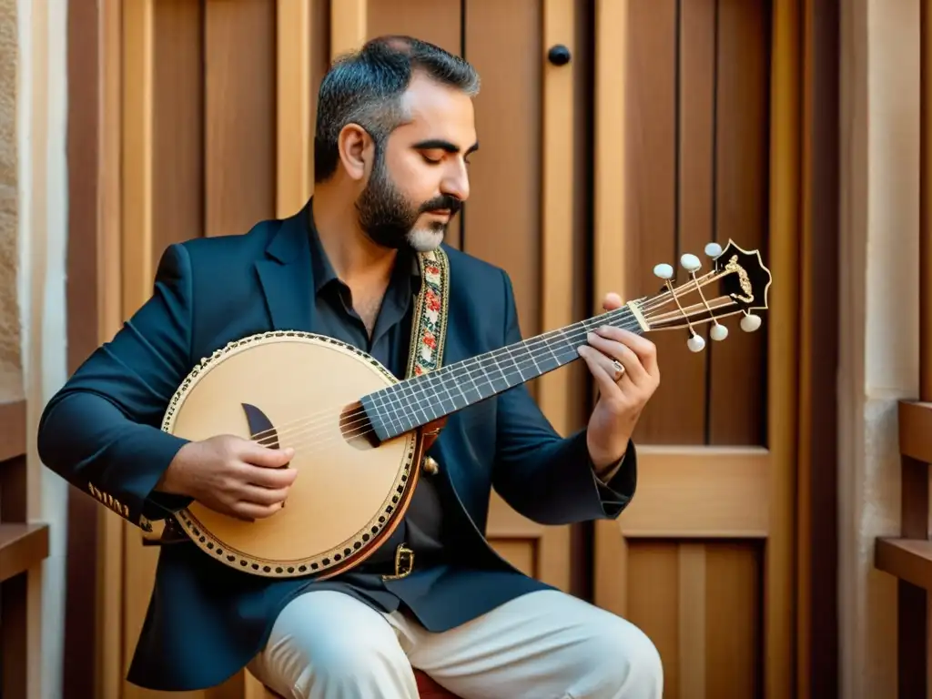 Un músico toca un bouzouki griego en medio de un público diverso, reflejando su influencia en la música moderna