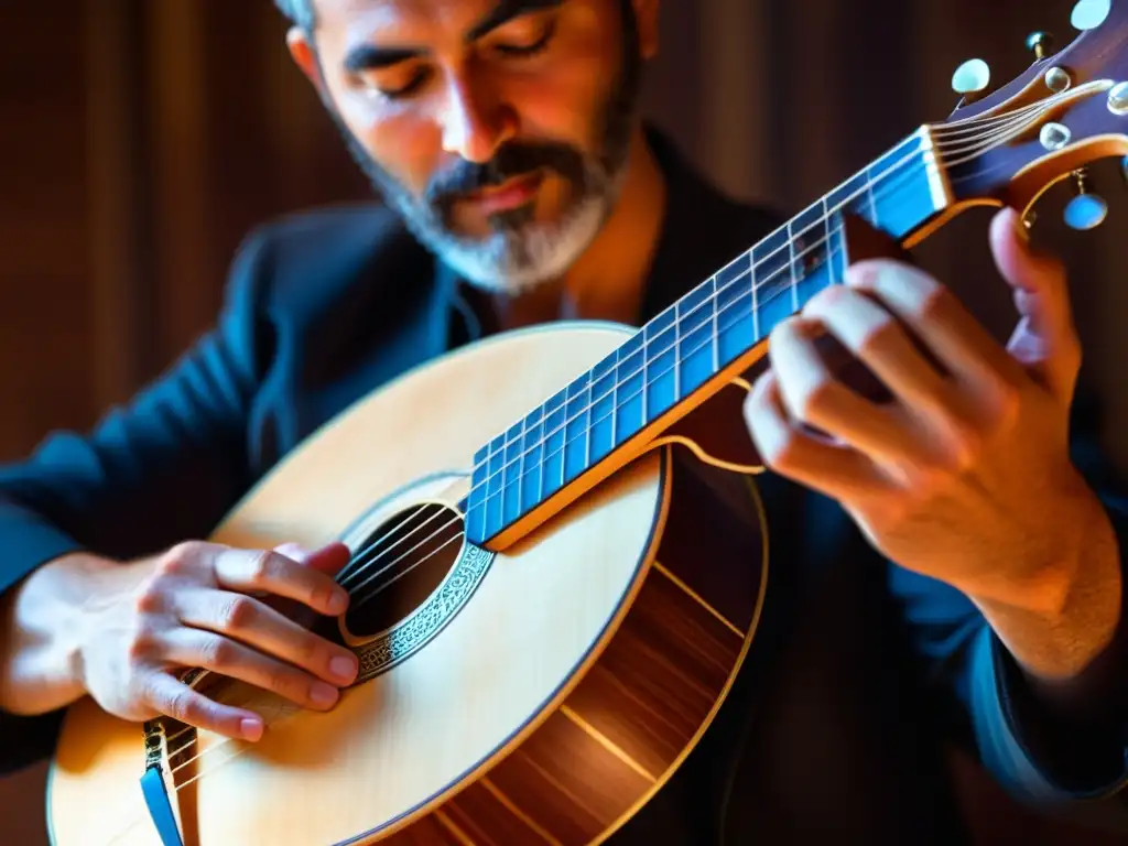 Un músico hábil toca el bouzouki griego, transmitiendo la relevancia cultural y la emoción de la música tradicional griega