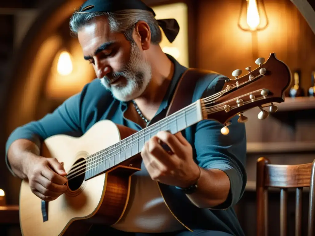 Un músico toca un bouzouki griego con pasión en una taberna iluminada, capturando la rica historia y el vibrante sonido del instrumento