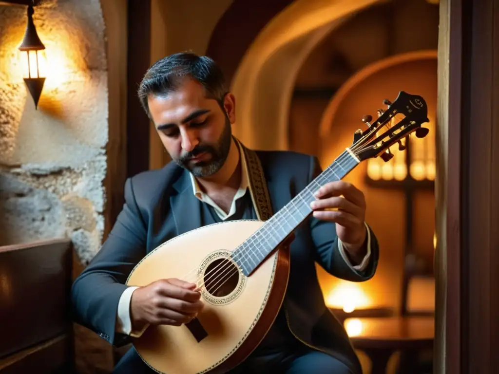 Un músico toca un bouzouki griego en una taberna atmosférica, resaltando la historia y evolución del instrumento