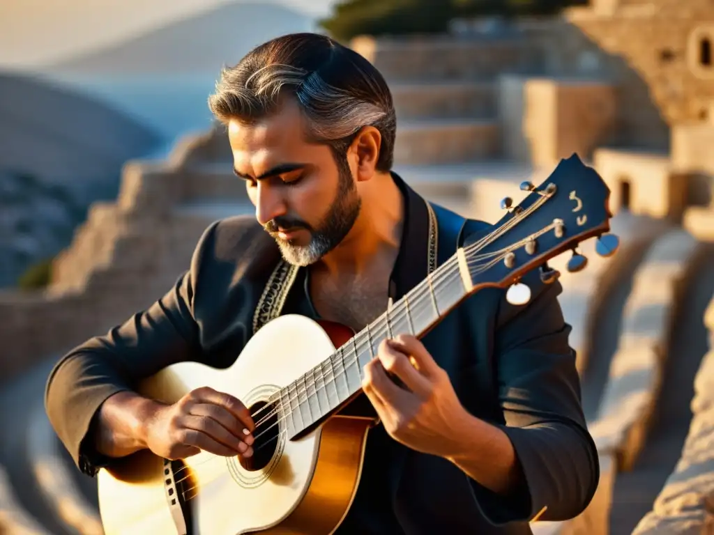 Un músico hábil interpreta el bouzouki en un teatro griego al atardecer, resaltando la relevancia cultural del bouzouki griego