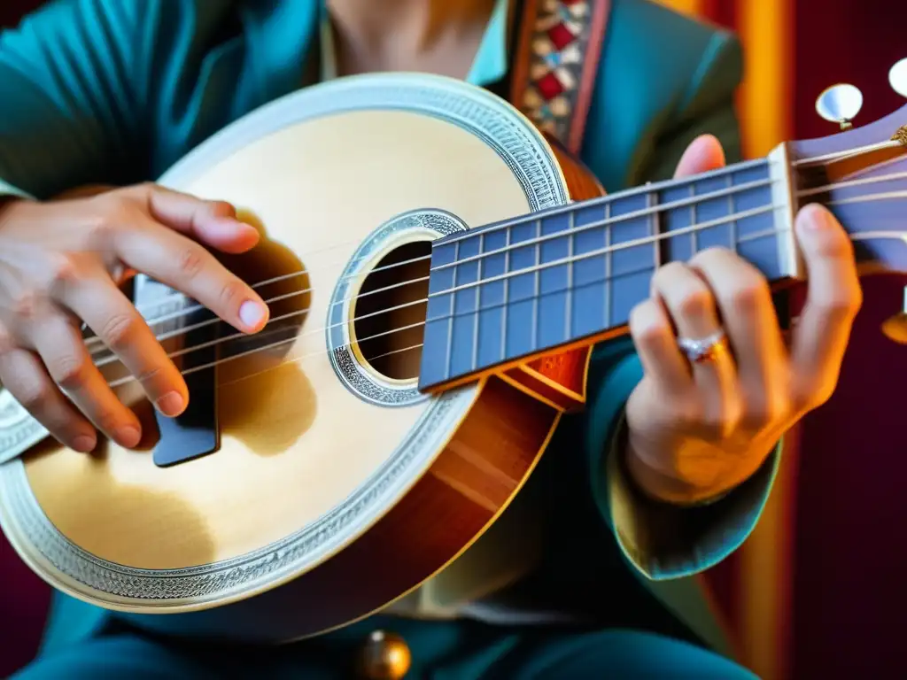 Un músico tocando el bouzouki con la técnica de púa circular, destacando la artesanía griega y la pasión por la música