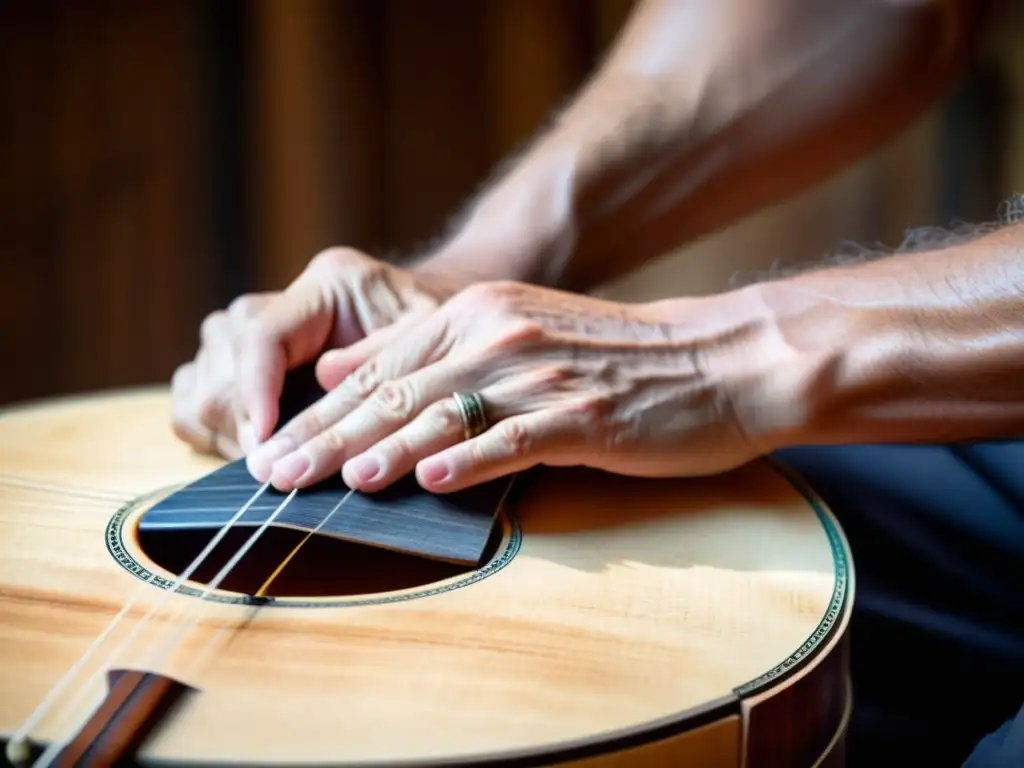 Un músico hábil toca el bouzouki con la técnica de púa circular, mostrando destreza y pasión en cada nota