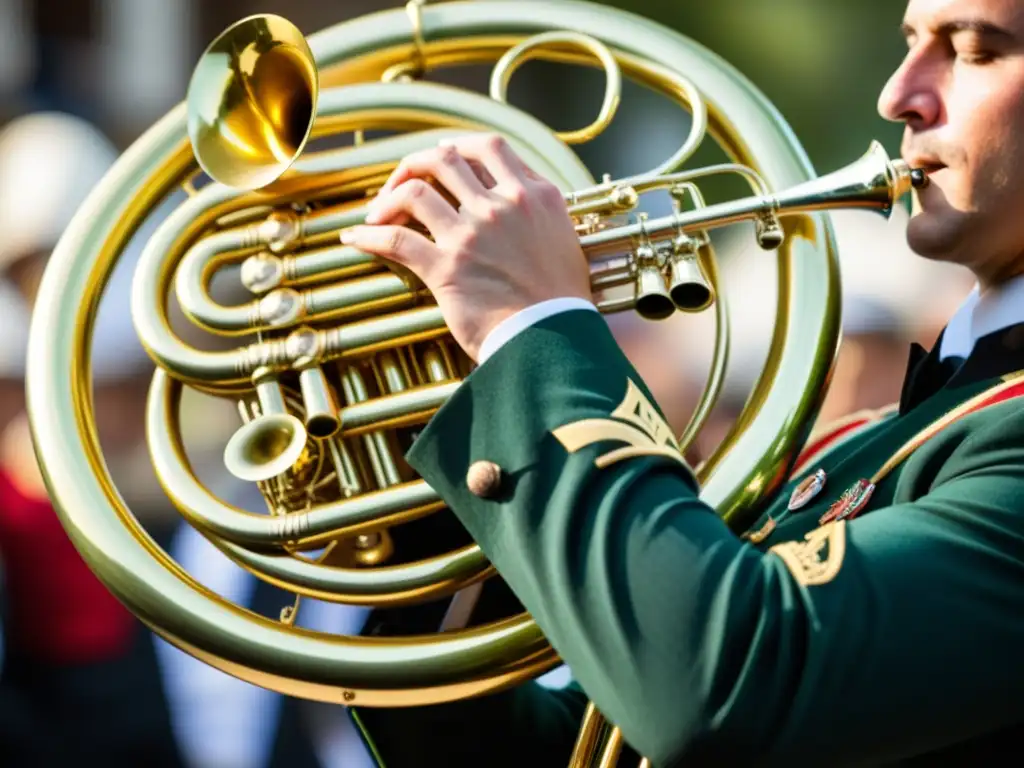 Un músico toca con pasión una tuba brillante en una banda europea, mostrando la historia y relevancia cultural de la tuba