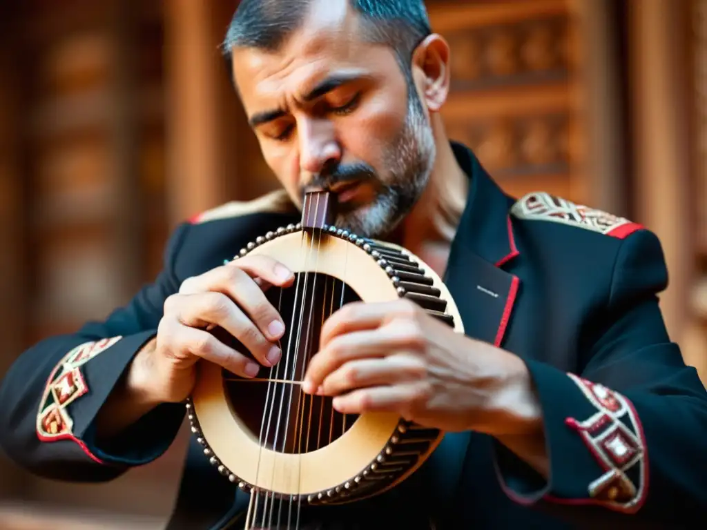 Un músico búlgaro experto toca la gudulka con intensa concentración, capturando la esencia de la construcción y sonido de la gudulka