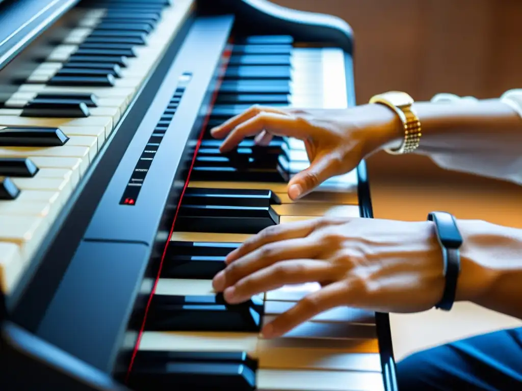 Un músico conecta un cable MIDI del piano al ordenador, fusionando lo tradicional con la tecnología