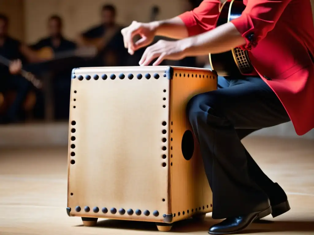 Un músico toca un cajón flamenco con pasión, en una actuación vibrante