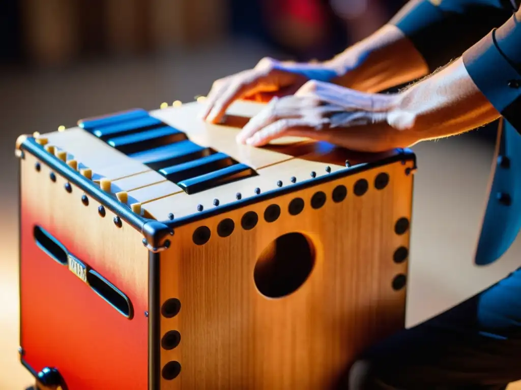 Un músico toca con pasión un cajón flamenco durante una vibrante actuación de pop