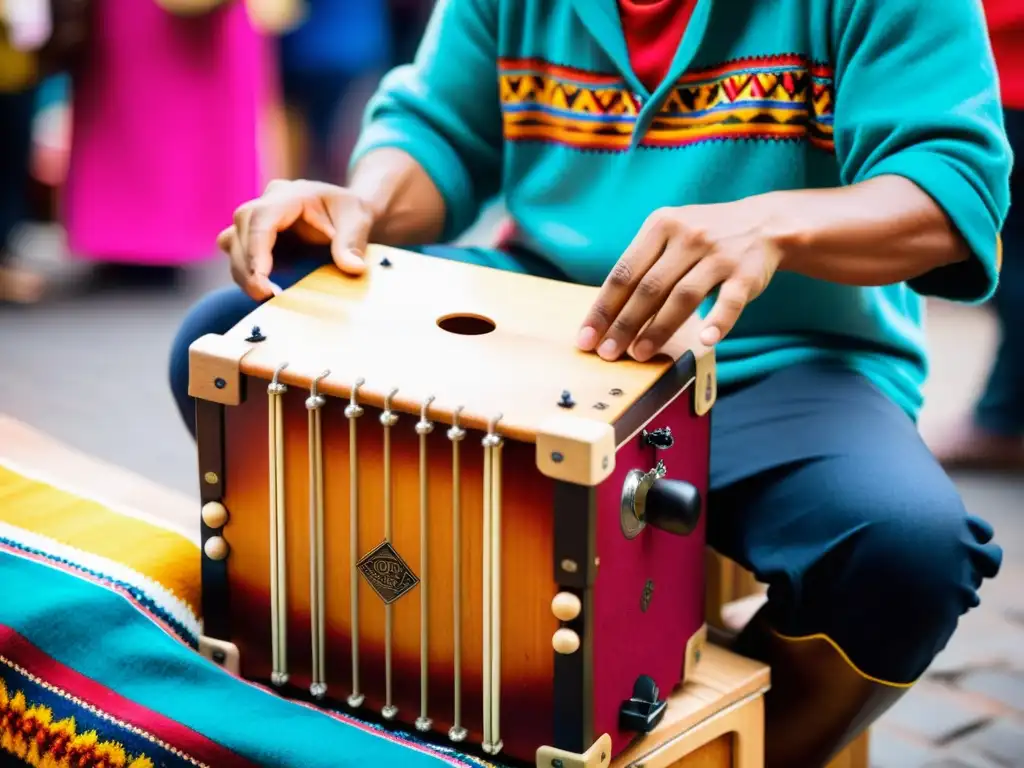 Un músico toca un cajón peruano en un bullicioso mercado de Lima, capturando la energía y la historia del cajón peruano