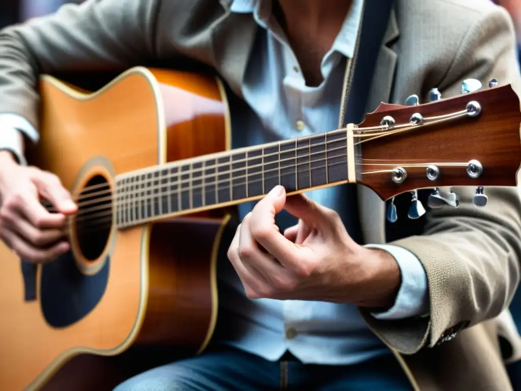 Un músico callejero toca con destreza su guitarra desgastada en una bulliciosa calle, con una colección para propinas