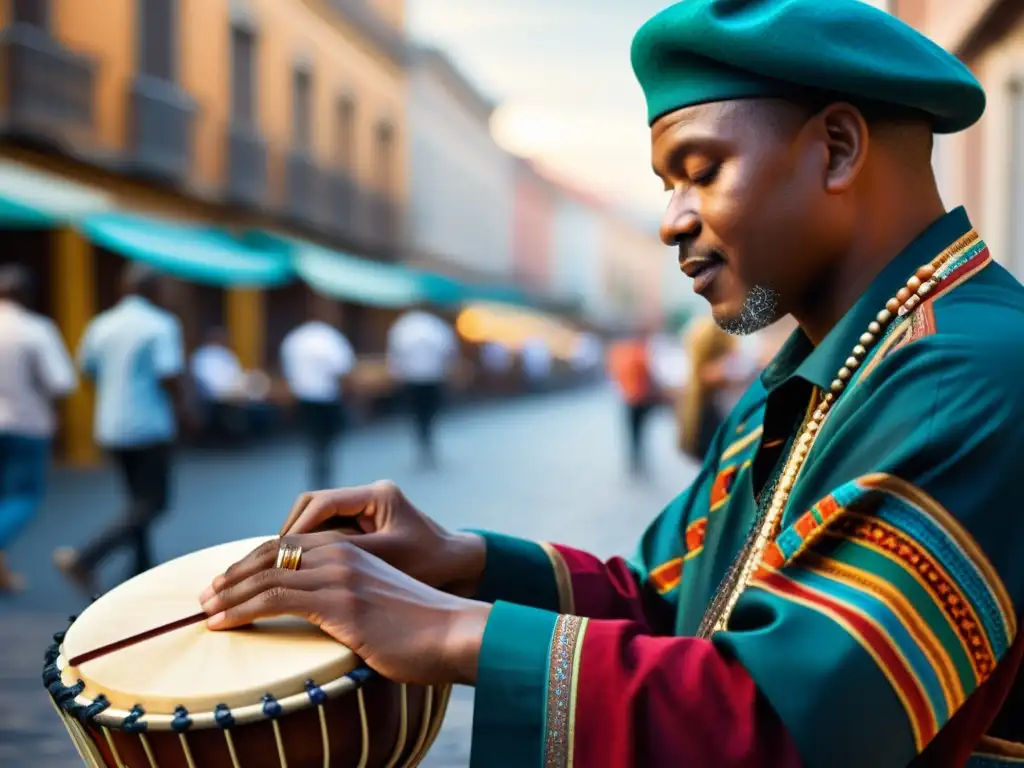 Un músico callejero tocando un instrumento tradicional con pasión, capturando la autenticidad y la energía vibrante de la música urbana tradicional