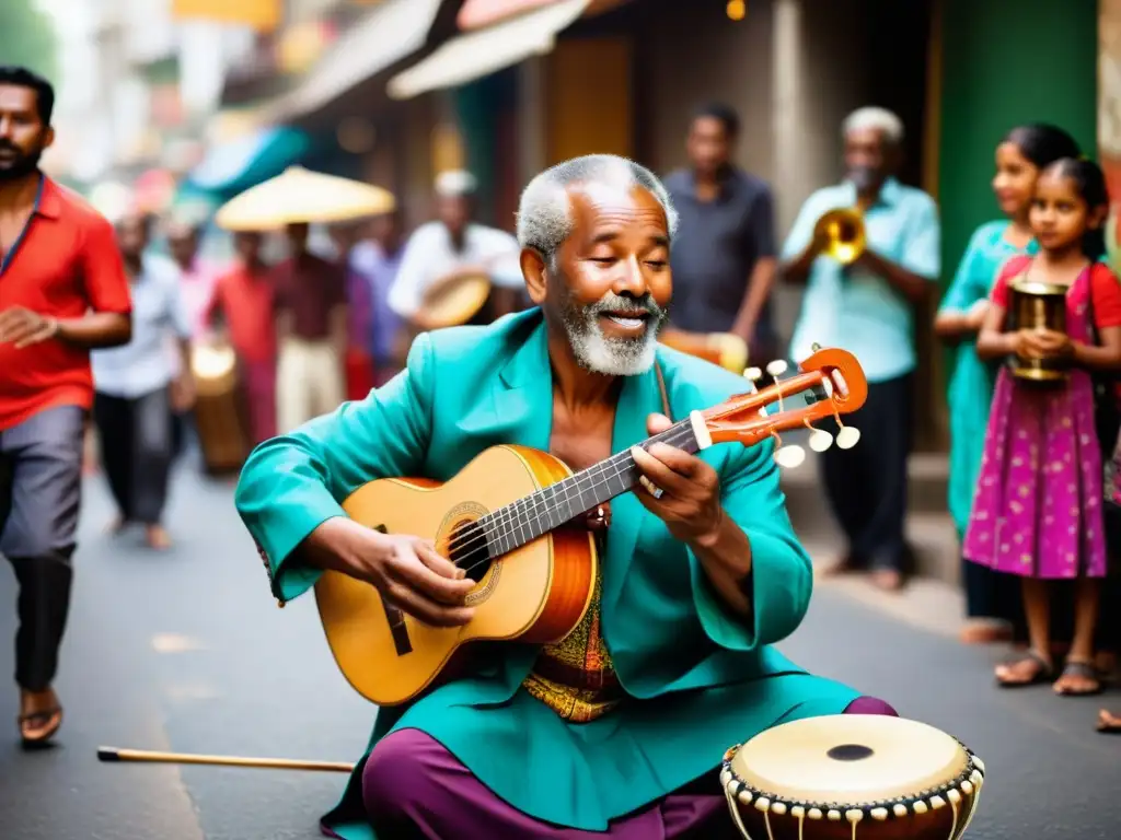 Un músico callejero, tocando un instrumento tradicional rodeado de un público diverso y comprometido