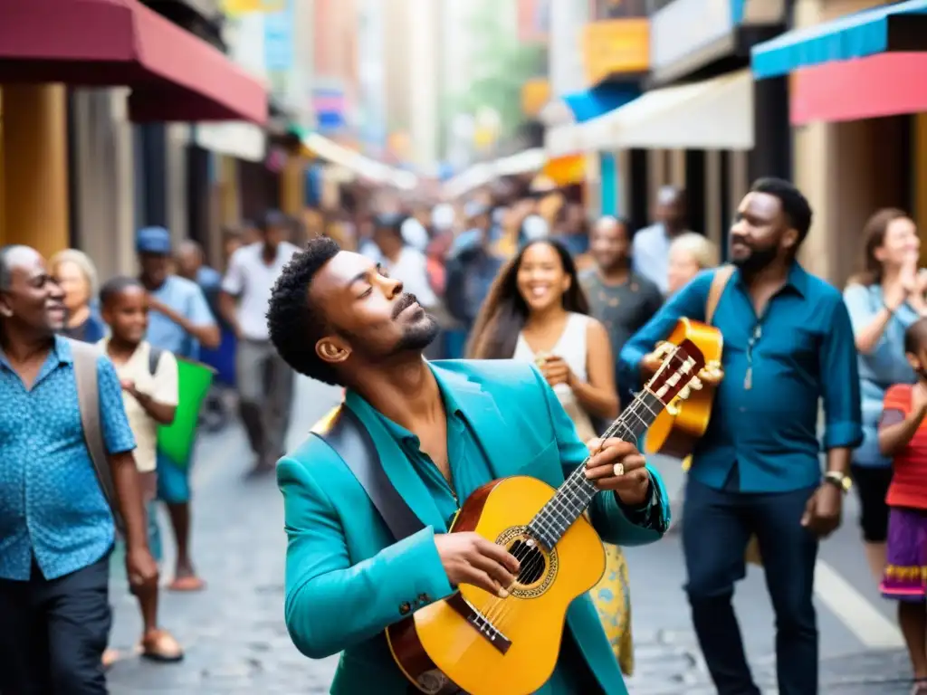 Un músico callejero toca un instrumento único mientras la gente disfruta