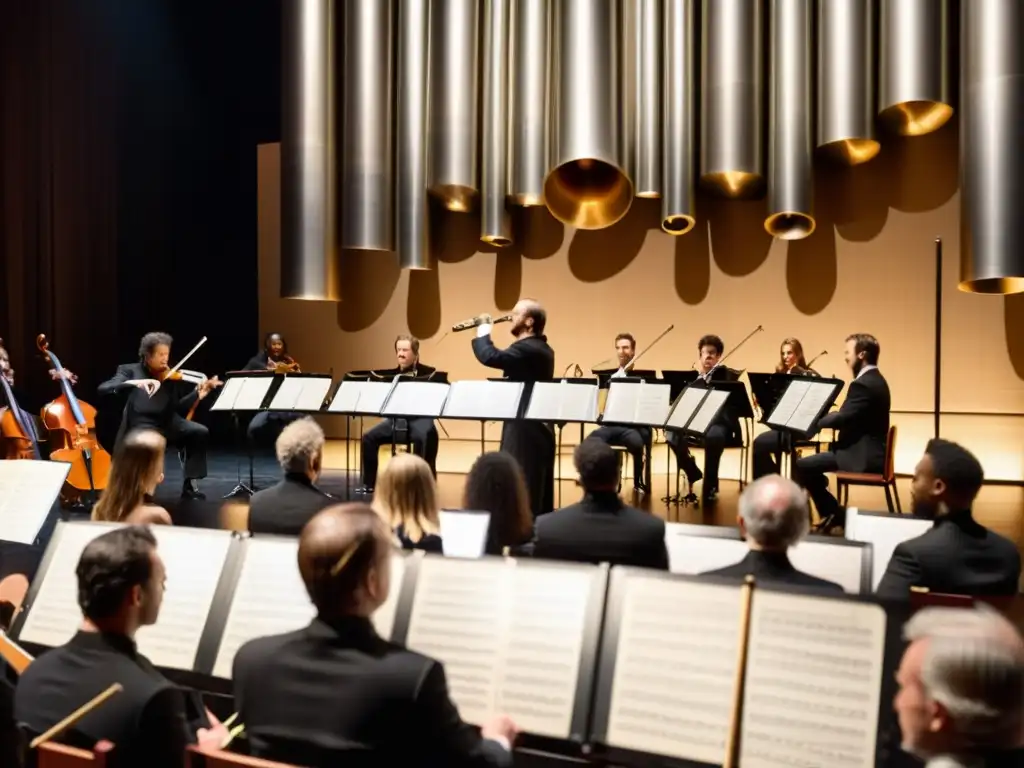 Un músico toca campanas tubulares en un concierto de orquesta, con intensa concentración y una atmósfera dramática