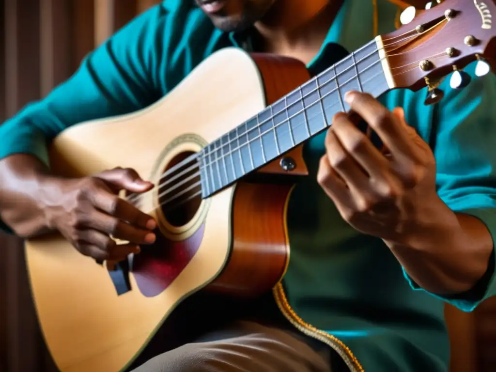 Un músico canario toca con pasión el timple en un entorno íntimo y cálido