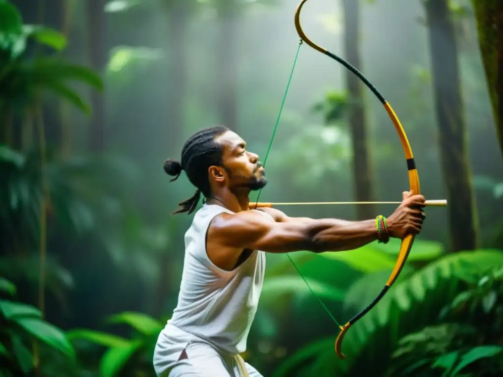 Un músico de capoeira toca el berimbau en la exuberante selva, creando un ambiente vibrante y lleno de energía