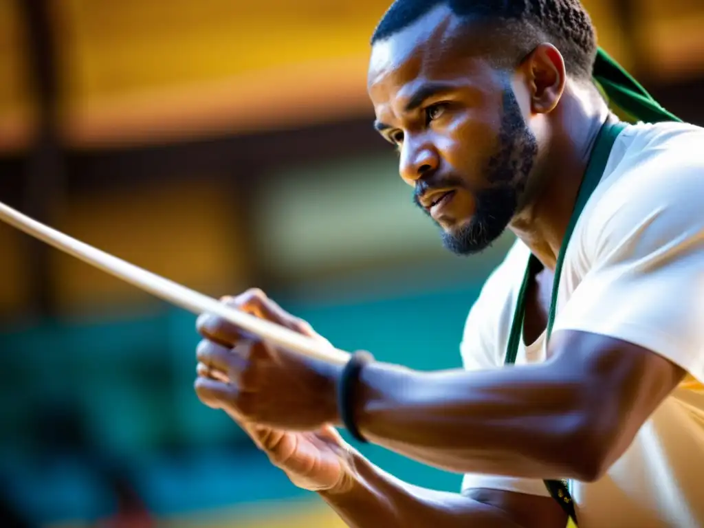 Un músico de capoeira toca el berimbau con intensa concentración