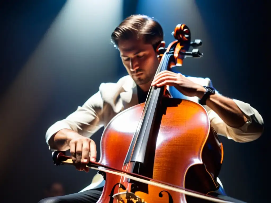 Un músico toca un cello eléctrico en un escenario, con una iluminación tenue que resalta los detalles del instrumento