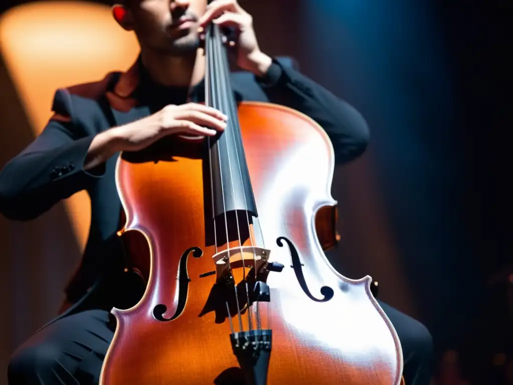 Un músico toca un cello eléctrico negro en un escenario tenue, creando una expresión musical cautivadora