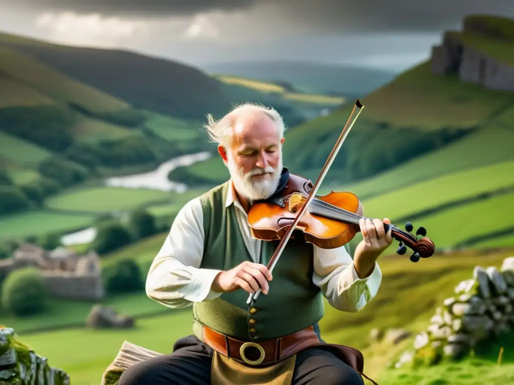 Un músico celta toca el violín en un animado encuentro al aire libre, capturando la esencia de la cultura celta