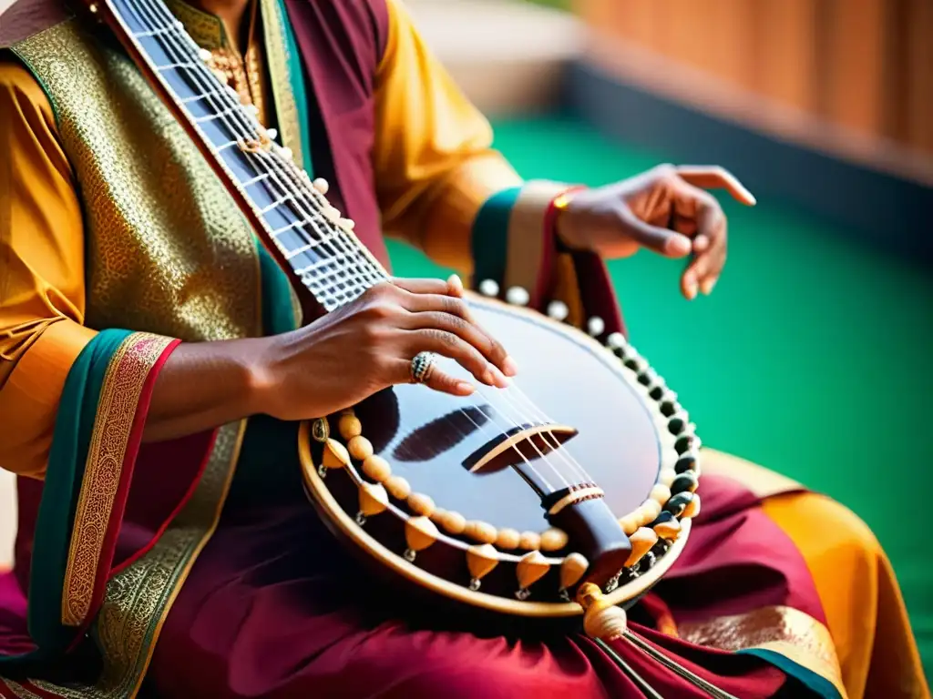 Un músico toca un sitar durante una ceremonia tradicional en la India, destacando la importancia espiritual del sitar en la India