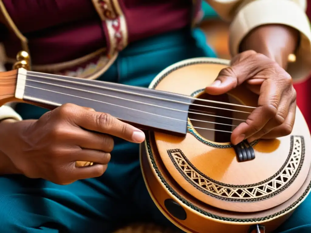 Un músico hábil toca el charango, destacando la sonoridad del charango en música andina, con expresión concentrada y detalles intrincados