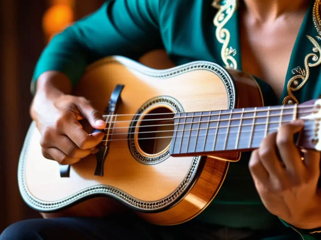 Un músico hábil toca un charango tradicional, resaltando la destreza y pasión