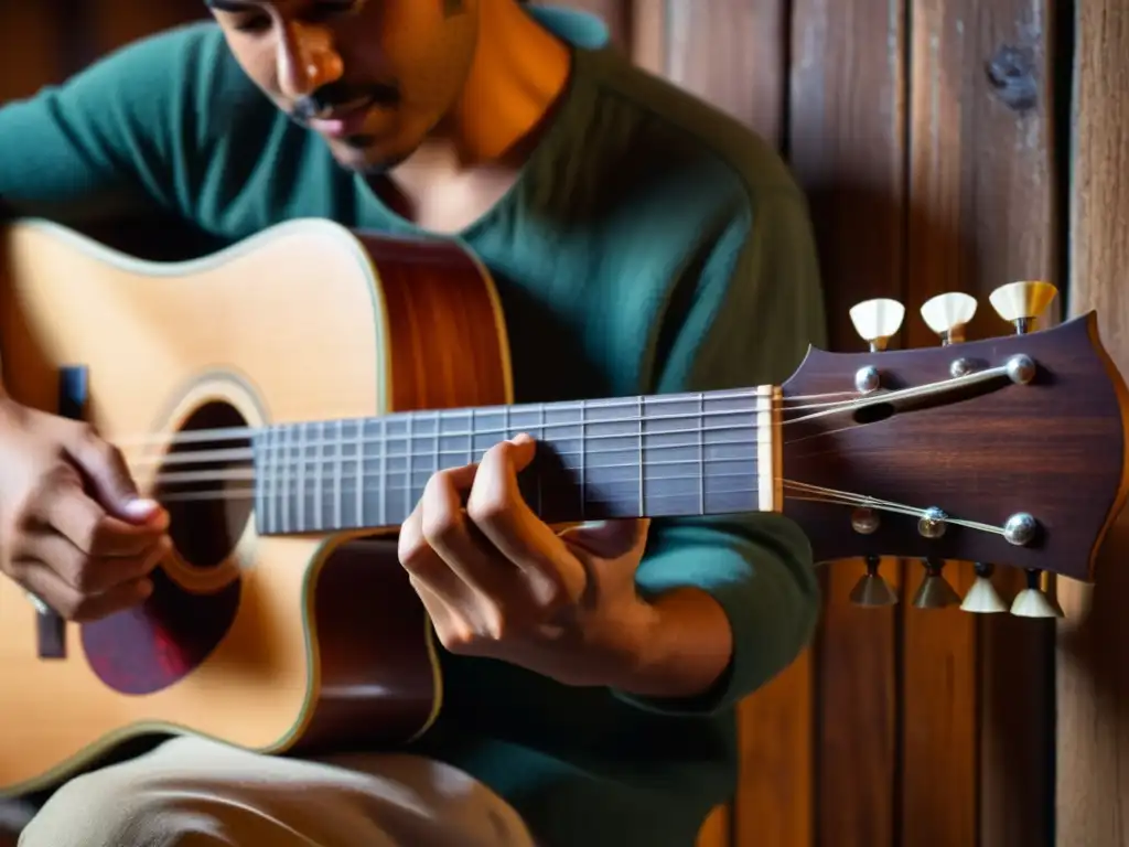 Un músico hábil toca el Guitarrón Chileno bajo acústico en un íntimo escenario de música chilena, resaltando la rica tradición cultural