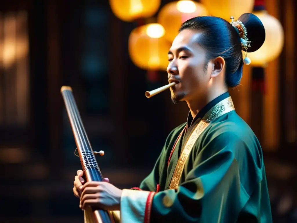 Un músico chino toca el sheng en un ambiente cálido y tenue, transmitiendo la historia y sonido del sheng con una atmósfera cautivadora