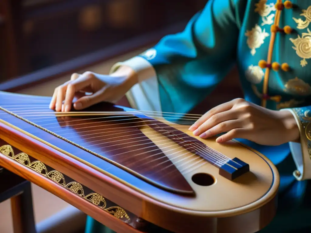 Un músico ejecuta el guzheng chino en un concierto, mostrando la precisión y dinamismo requeridos para tocar este instrumento