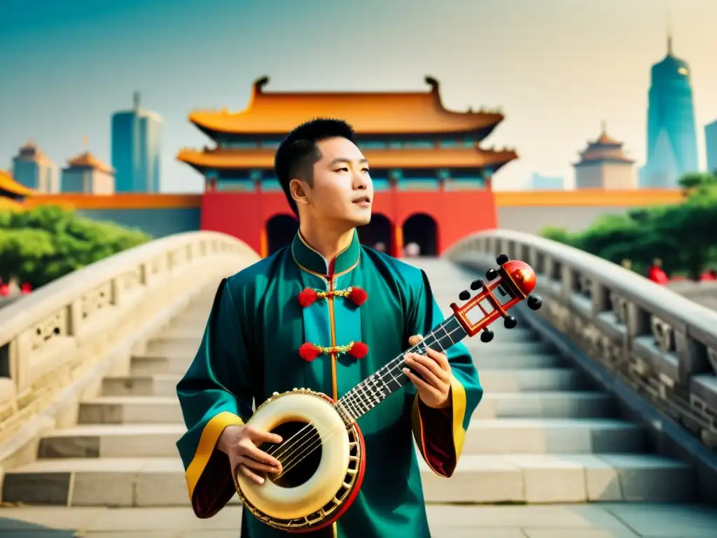 Un músico chino toca la corneta china en un entorno urbano, resaltando la historia y relevancia cultural de este instrumento milenario