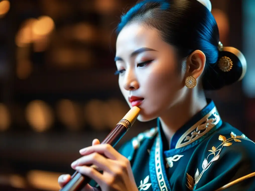 Un músico chino toca el guanzi en un entorno contemporáneo, destacando la elegancia y significado cultural del instrumento