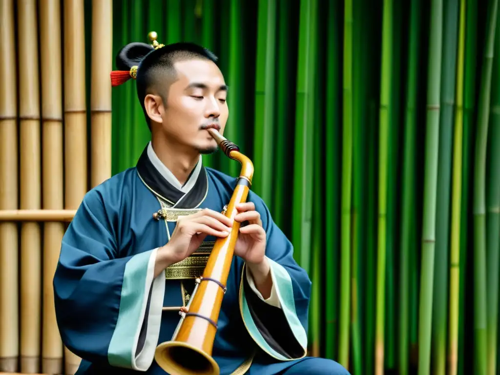 Un músico chino tradicional toca el sheng en un entorno sereno y antiguo, evocando la rica historia y el significado cultural del instrumento