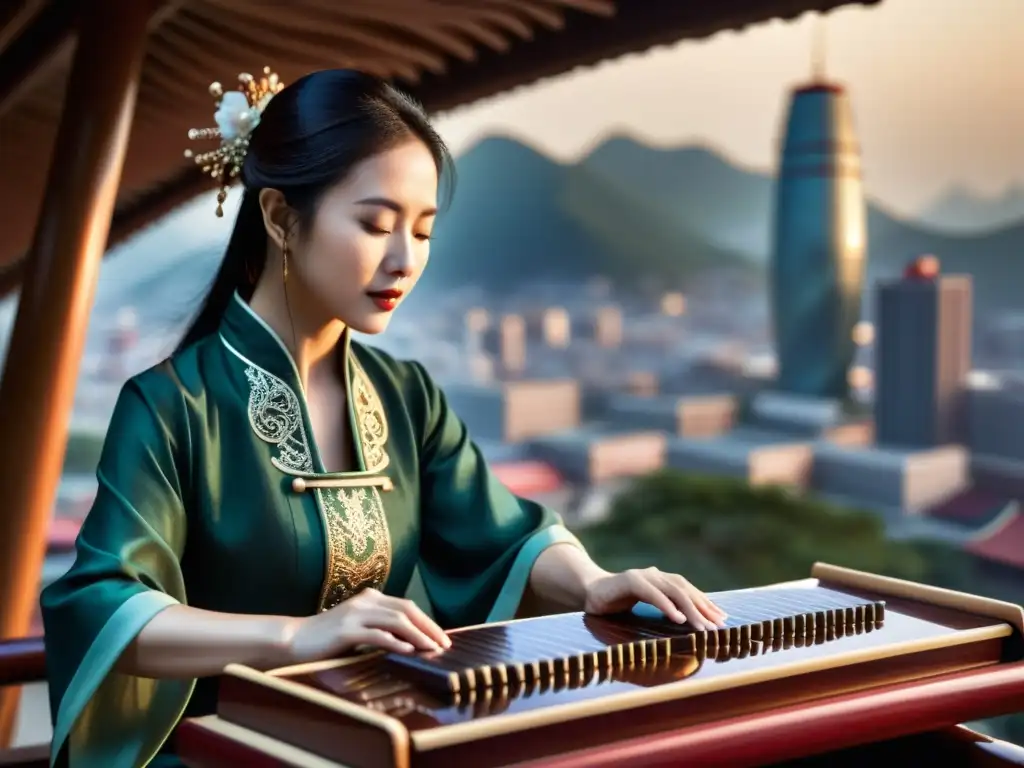 Un músico hábil interpreta el Guzheng chino en un entorno urbano moderno, fusionando lo tradicional con lo contemporáneo