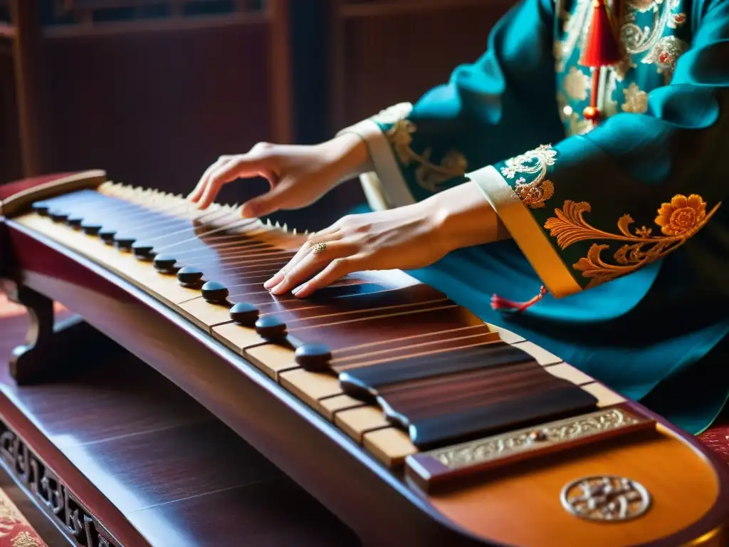 Un músico toca un guzheng chino en una habitación ricamente decorada, destacando la influencia cultural del guzheng chino