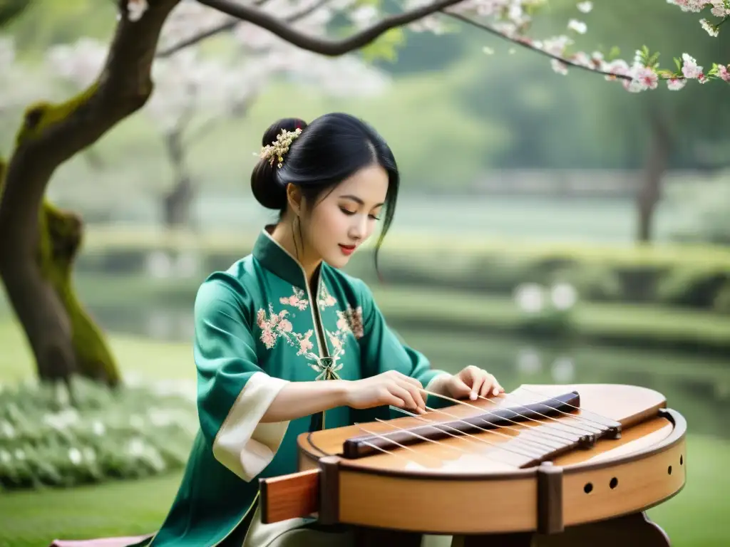 Un músico toca un guzheng chino en un jardín sereno, rodeado de exuberante vegetación y árboles de cerezos en flor